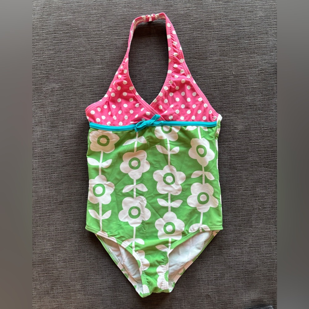 Mini Boden Pink Polka & Green Floral One-Piece halter Swimsuit 7-8